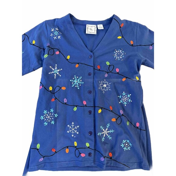 Vtg MICHAEL SIMON Lite Blue Christmas Snowflakes Lights Cardigan & Skirt MEDIUM - Picture 2 of 10